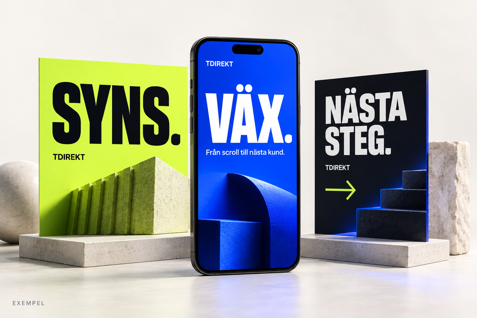 Digital marknadsföring – exempel på TDirekts annonsdesign i blått, limegrönt och svart.